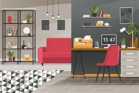 Home office interior. Vector illustration. Creative office desktop workspace Stock Illustration