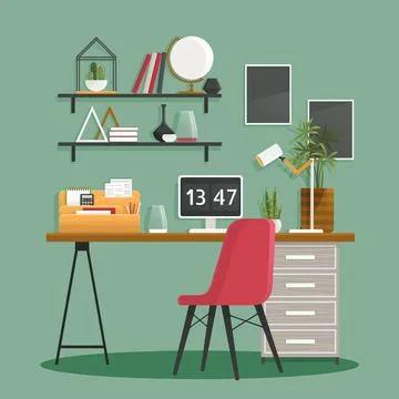 Home office interior. Vector illustration. Freelance and convenient job concept Stock Illustration