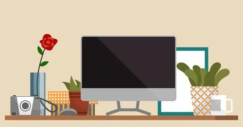 Home office interior. Vector illustration. Minimalist work space Remote working Illustrazione stock
