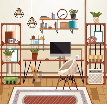 Home office interior. Vector illustration. Freelance and convenient job concept Stock Illustration