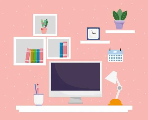 Home office interior workspace computer lamp shelves with books clock and plant Stockillustratie