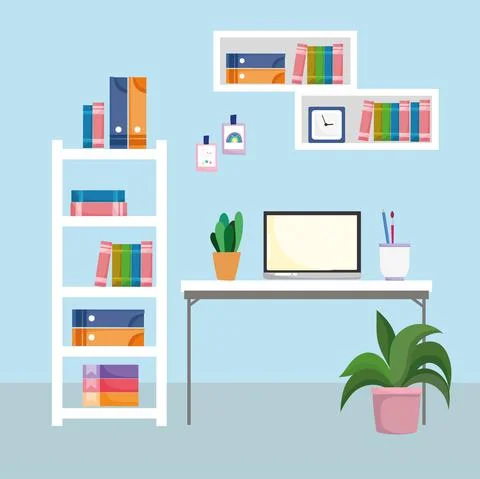 Home office interior workspace desktop computer shelf with books and plant Stock Illustration