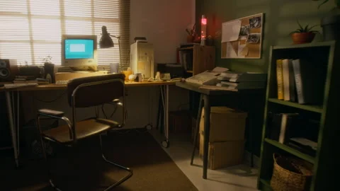 Home Office with Old Desktop Computer with Blinking Screen Stock Footage 327233861