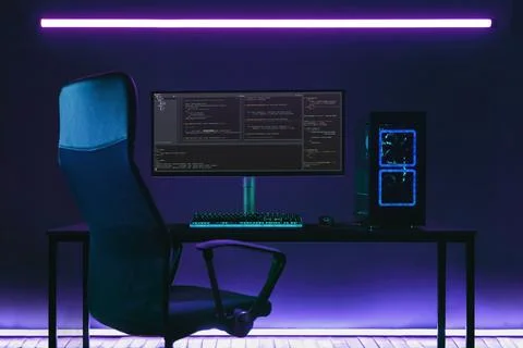 Home office programmer workplace with professional coding setup on desktop Stock-Fotos