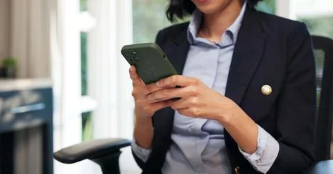 Home office, remote work and hands with phone, texting and lawyer with case Stock Photos