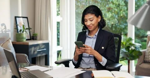 Home office, remote work and happy woman with phone, texting and lawyer with Stock Photos