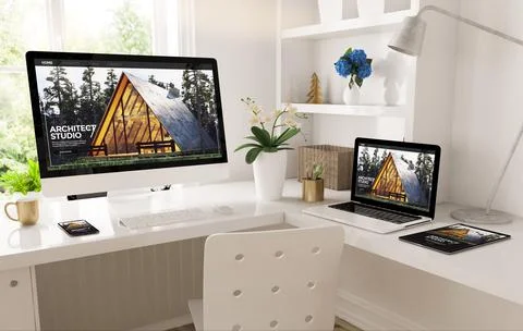 Home office set up with responsive architect studio website Illustrazione stock