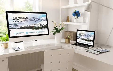 Home office set up with responsive snow mountain website Stock Illustration