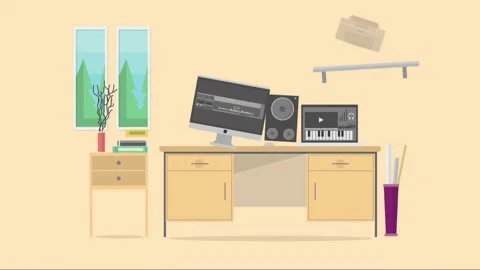 Home office setup with computer, speakers, printer, and window view desk Stock Footage 320673739