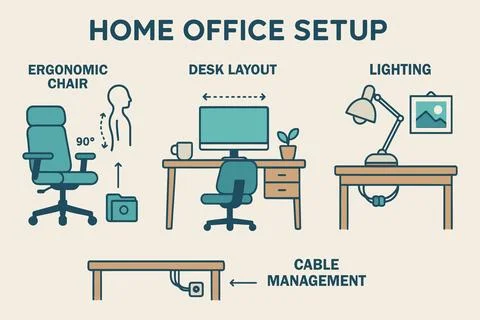 Home office setup ergonomic desk layout lighting and cable management Stock Illustration