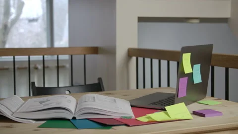 Home office setup on the kitchen table Stock Footage 145853873