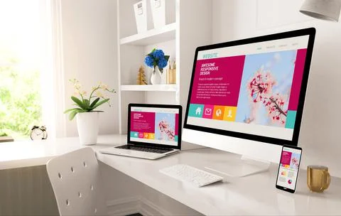 Home office setup with responsive design on screen Illustrazione stock