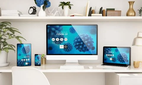 Home office setup with responsive devices showing coronavirus info Stock Illustration