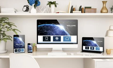 Home office setup with responsive devices Stock Illustration