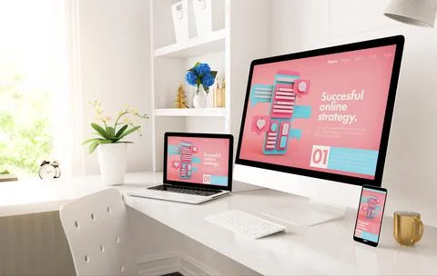 Home office setup with responsive digital marketing website on screen Stock Illustration