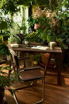 Home Office Setup Surrounded by Indoor Plants for Remote Work Stock Photos