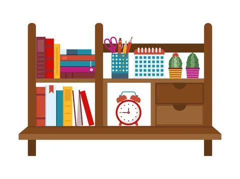 Home Office Shelf with Decor in Flat Stock Illustration