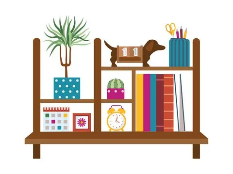 Home Office Shelf with Decor in Flat Stock Illustration