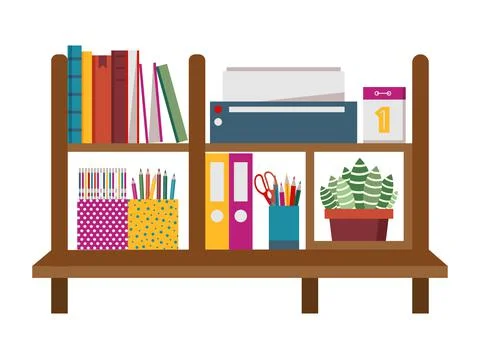 Home Office Shelf with Decor in Flat Stock Illustration