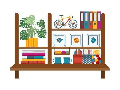 Home Office Shelf with Decor in Flat Stock Illustration