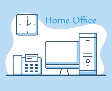Home office technology devices computer telephone and clock line style Stock Illustration