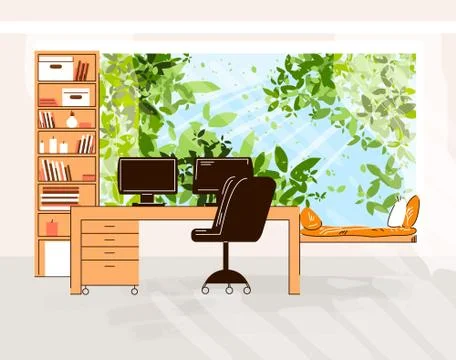 Home Office Vector Flat Illustration of Cozy work desk with computer and monitor イラスト素材