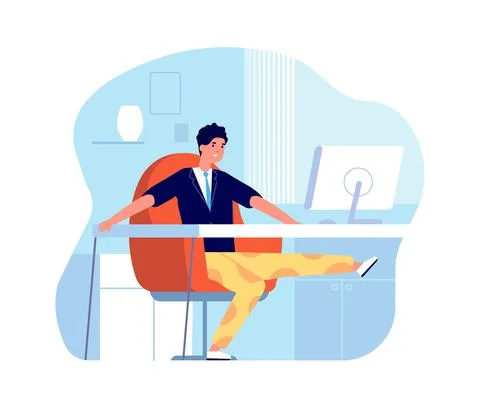 Home office warm-up. Remote work process, office syndrome. Guy sitting at Illustrazione stock