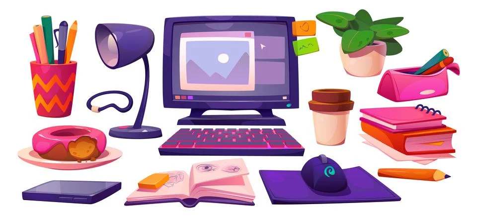 Home office window computer workspace set design Stockillustratie