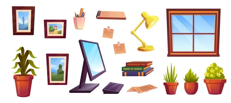 Home office window workspace vector interior set イラスト素材