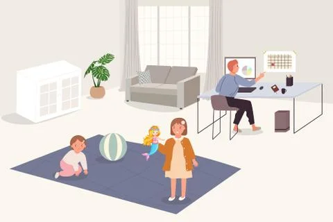 Home office. Working from home vs. Father with two kids Work on the Internet Stock Illustration