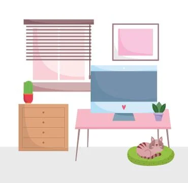 Home office workplace computer on desk with cabinet plants cat in cushion Illustrazione stock