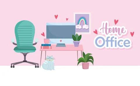 Home office workplace computer in desk chair books plants drawing in wall Stockillustratie
