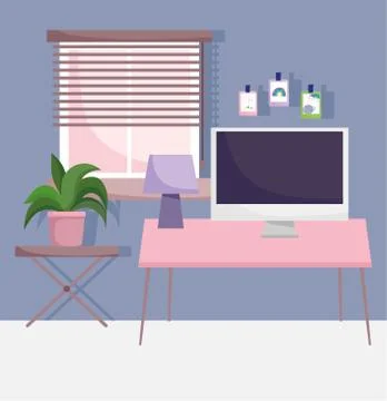 Home office workplace computer on desk with lamp plant and stickers in wall Illustrazione stock
