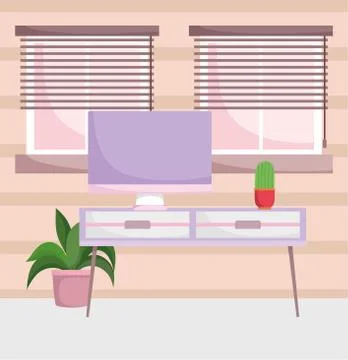 Home office workplace computer screen on table with potted plants and windows 스톡 일러스트