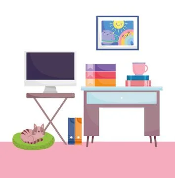 Home office workplace computer screen table binder books coffee cup and cat 스톡 일러스트