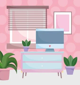 Home office workplace computer on table with drawers plants window and frame Stockillustratie