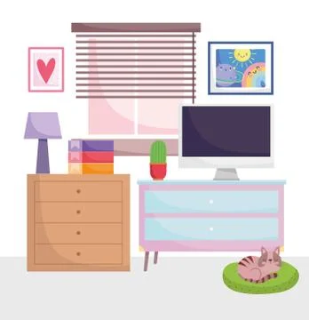Home office workplace computer on table books lamp plant sleeping cat and window イラスト素材