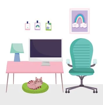 Home office workplace desk computer chair lamp pictures and sleeping cat Illustrazione stock