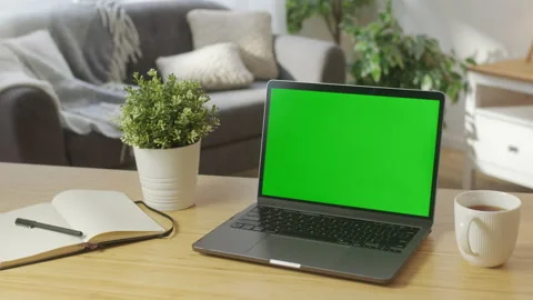 Home office. Workplace With laptop Computer on Desk With Blank Empty Green Stock Footage 172017197
