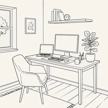 Home office workspace with computer and laptop, desk, chair, plant, books S.. 库存插图