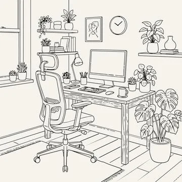 Home office workspace with computer plants desk chair Silhouette Stock Illustration