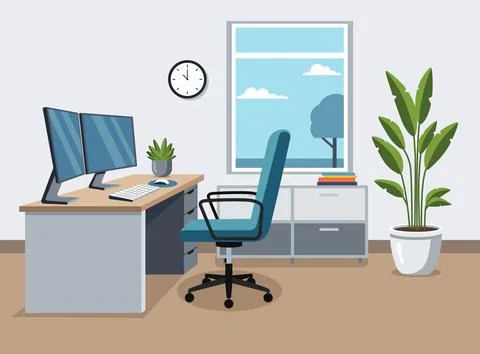 Home office workspace featuring dual monitors, ergonomic chair, desk plants.. Stock Illustration