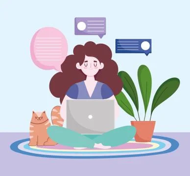 Home office workspace, freelancer using laptop with cat and plant on floor イラスト素材