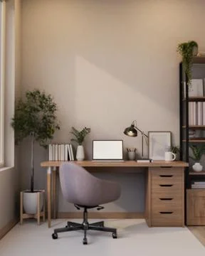 Home office workspace mockup with blank laptop screen and empty wall Stock Illustration