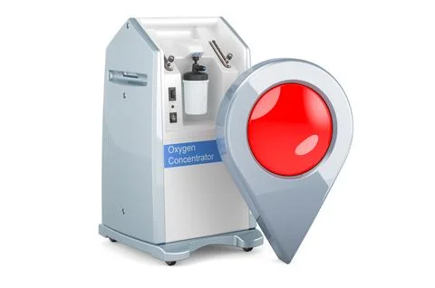 Home Oxygen Concentrator with map pointer. 3D rendering Illustrazione stock