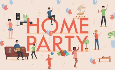 Home party word vector flat banner design. People celebrating. Women, men, and Stock Illustration