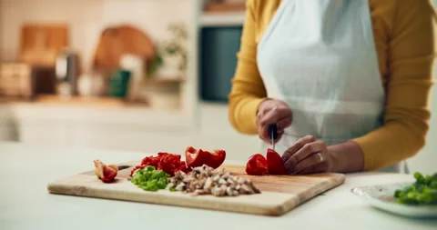 Home, person and hands with vegetables for cutting, cooking and vegetarian with Stock Footage 294160440