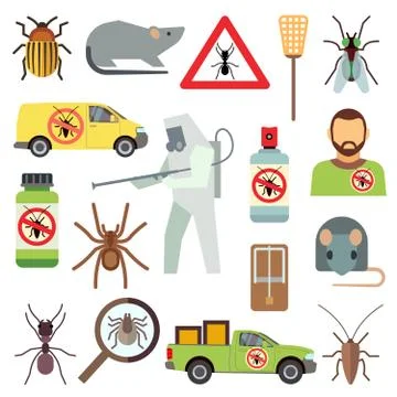 Home pest control service flat vector icons set Stock Illustration