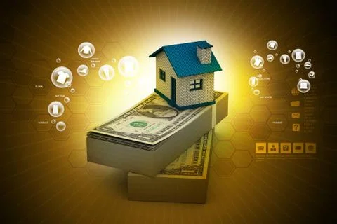 Home placed on the tope of dollar notes in color background Stock Illustration