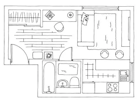 Home plan architecture interior graphic black white sketch illustration vector Stock Illustration